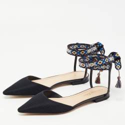 Dior Black Technical Fabric J'adior Pointed Toe Ankle Wrap Flat Sandals Size 37.5
