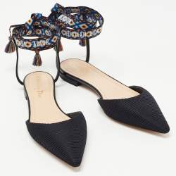 Dior Black Technical Fabric J'adior Pointed Toe Ankle Wrap Flat Sandals Size 37.5