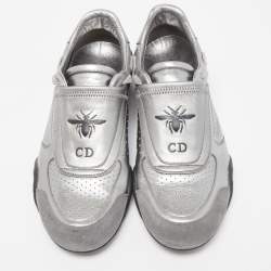 Pre Owned Dior Metallic Grey Leather and Suede D-Fence Sneakers Size 39