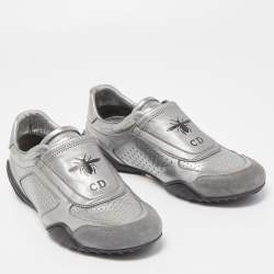 Pre Owned Dior Metallic Grey Leather and Suede D-Fence Sneakers Size 39