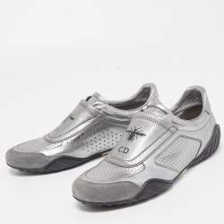 Pre Owned Dior Metallic Grey Leather and Suede D-Fence Sneakers Size 39