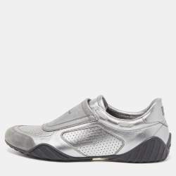 Pre Owned Dior Metallic Grey Leather and Suede D-Fence Sneakers Size 39