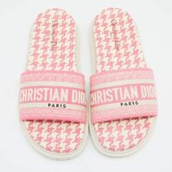 Dior Pink/White Canvas Dway Flat Slides Size 38.5