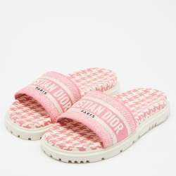 Dior Pink/White Canvas Dway Flat Slides Size 38.5