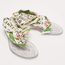 Dior Multicolor Printed Fabric Ankle Tie Thong Flat Sandals Size 37