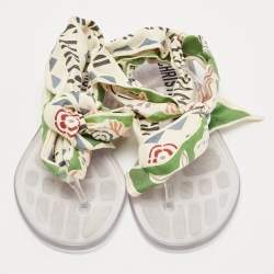 Dior Multicolor Printed Fabric Ankle Tie Thong Flat Sandals Size 37