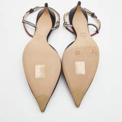 Pre Owned Dior Black Textured Leather Crystal Embellished T-Bar Ankle Strap Pumps Size 41