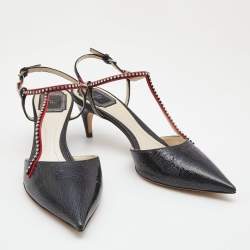 Pre Owned Dior Black Textured Leather Crystal Embellished T-Bar Ankle Strap Pumps Size 41