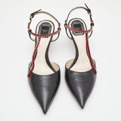 Pre Owned Dior Black Textured Leather Crystal Embellished T-Bar Ankle Strap Pumps Size 41