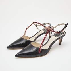 Pre Owned Dior Black Textured Leather Crystal Embellished T-Bar Ankle Strap Pumps Size 41