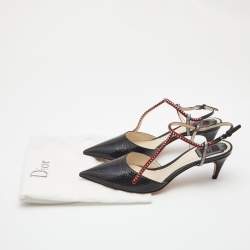 Pre Owned Dior Black Textured Leather Crystal Embellished T-Bar Ankle Strap Pumps Size 41