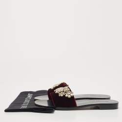 Dior Burgundy Velvet Crystal Embellishment Flat Slides Size 39