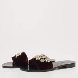 Dior Burgundy Velvet Crystal Embellishment Flat Slides Size 39