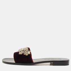 Dior Burgundy Velvet Crystal Embellishment Flat Slides Size 39