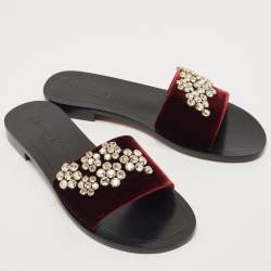 Dior Burgundy Velvet Crystal Embellishment Flat Slides Size 39