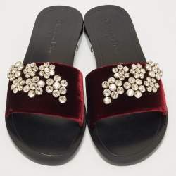 Dior Burgundy Velvet Crystal Embellishment Flat Slides Size 39