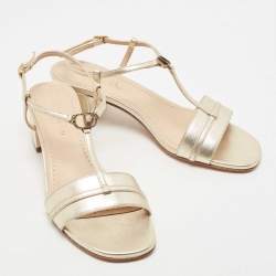 Dior Metallic Gold Leather T Strap Sandals Size 36.5