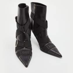 Dior Black Leather and Elastic Logo Strap And Buckle Embellished Pointed Toe Ankle Boots Size 39.5