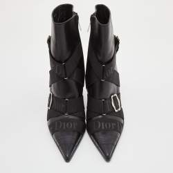 Dior Black Leather and Elastic Logo Strap And Buckle Embellished Pointed Toe Ankle Boots Size 39.5