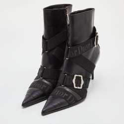 Dior Black Leather and Elastic Logo Strap And Buckle Embellished Pointed Toe Ankle Boots Size 39.5