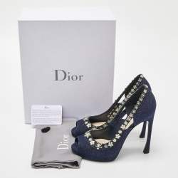 Pre Owned Dior Blue Denim Crystal Embellished Garland Peep Toe Pumps Size 38.5