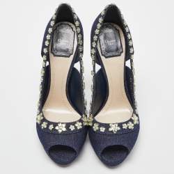 Pre Owned Dior Blue Denim Crystal Embellished Garland Peep Toe Pumps Size 38.5