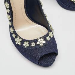 Pre Owned Dior Blue Denim Crystal Embellished Garland Peep Toe Pumps Size 38.5