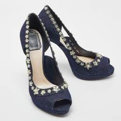 Pre Owned Dior Blue Denim Crystal Embellished Garland Peep Toe Pumps Size 38.5