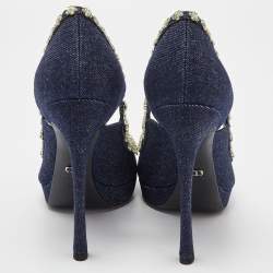 Pre Owned Dior Blue Denim Crystal Embellished Garland Peep Toe Pumps Size 38.5