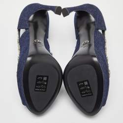 Pre Owned Dior Blue Denim Crystal Embellished Garland Peep Toe Pumps Size 38.5