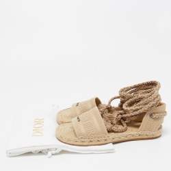 Dior Beige Embroidered Canvas Granville Espadrille Ankle Tie Sandals Size 36