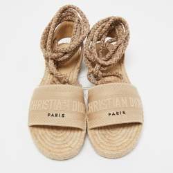 Dior Beige Embroidered Canvas Granville Espadrille Ankle Tie Sandals Size 36
