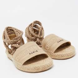 Dior Beige Embroidered Canvas Granville Espadrille Ankle Tie Sandals Size 36