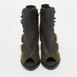 Dior Green Suede and Leather Peep Toe Ankle Boots Size 35.5 