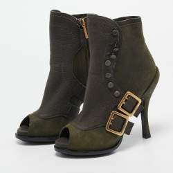 Dior Green Suede and Leather Peep Toe Ankle Boots Size 35.5 