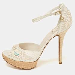 Dior White Python Floral Embroidered Raffia Platform Ankle Strap Sandals Size 38.5
