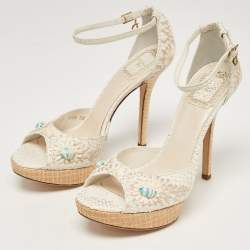 Dior White Python Floral Embroidered Raffia Platform Ankle Strap Sandals Size 38.5