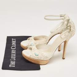 Dior White Python Floral Embroidered Raffia Platform Ankle Strap Sandals Size 38.5