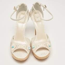 Dior White Python Floral Embroidered Raffia Platform Ankle Strap Sandals Size 38.5