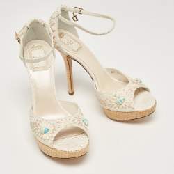 Dior White Python Floral Embroidered Raffia Platform Ankle Strap Sandals Size 38.5