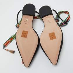 Dior Black Canvas J'adior Pointed Toe Ankle Wrap Flats Size 37.5
