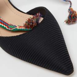 Dior Black Canvas J'adior Pointed Toe Ankle Wrap Flats Size 37.5