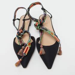 Dior Black Canvas J'adior Pointed Toe Ankle Wrap Flats Size 37.5