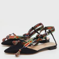 Dior Black Canvas J'adior Pointed Toe Ankle Wrap Flats Size 37.5