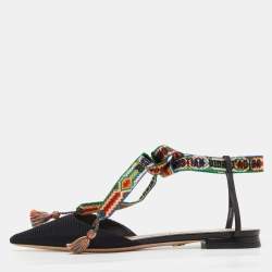 Dior Black Canvas J'adior Pointed Toe Ankle Wrap Flats Size 37.5