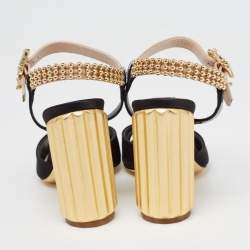 Pre Owned Dior Black/Beige Satin and Patent Leather Studded Ankle Strap Sandals Size 36