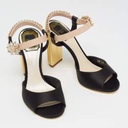 Pre Owned Dior Black/Beige Satin and Patent Leather Studded Ankle Strap Sandals Size 36