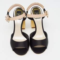 Pre Owned Dior Black/Beige Satin and Patent Leather Studded Ankle Strap Sandals Size 36