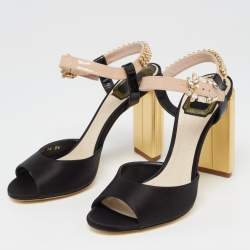 Pre Owned Dior Black/Beige Satin and Patent Leather Studded Ankle Strap Sandals Size 36