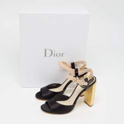 Pre Owned Dior Black/Beige Satin and Patent Leather Studded Ankle Strap Sandals Size 36